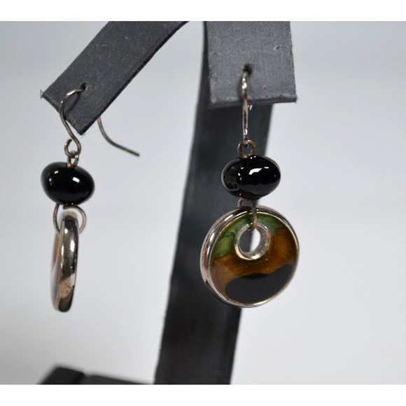Silver Tone Hook Dangle Pierced Earrings Enamel Coated‎ Ring w/ Black Bead 1.5" - Picture 4 of 7